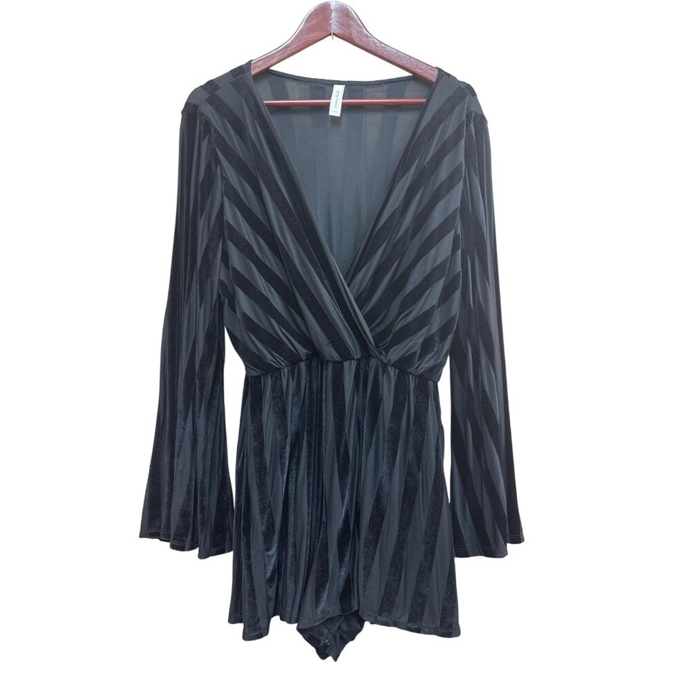Peppermint USA Black Velvet Striped Long Sleeve Romper S